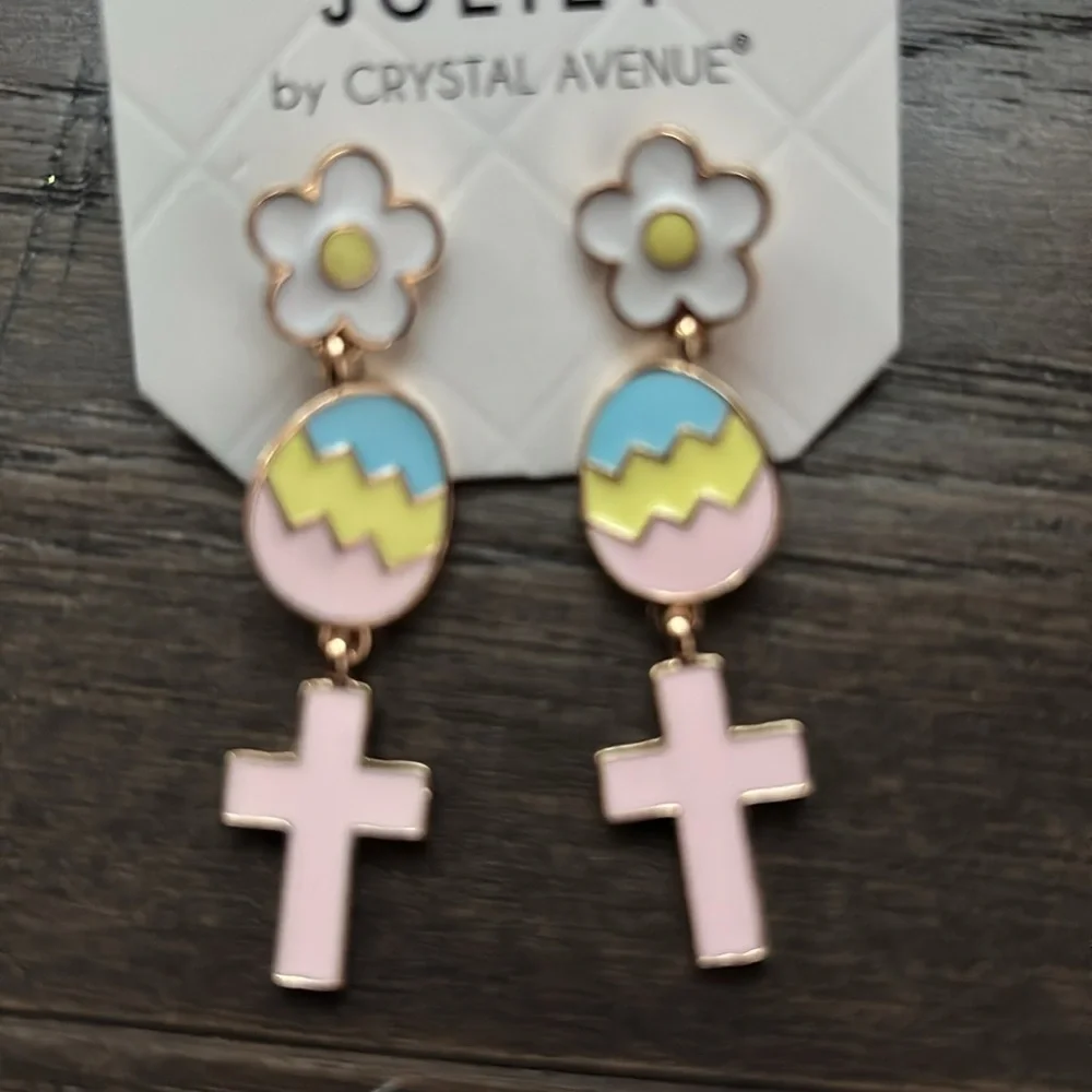 Juliet floral post drop, painted colorful Easter eggs with pink cross earrings